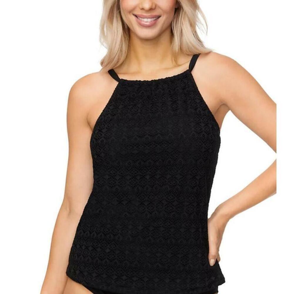 Island Escape Women's Black Crochet Underwire Tankini Top 8 NWT
